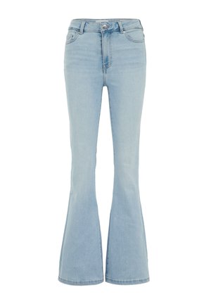 Jeans din denim, de culoare albastru deschis, cu talie înaltă și croială evazată. Include un inchizător frontal cu buton și un stil clasic cu cinci buzunare. Textură netedă.