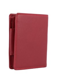 Portefeuille en cuir rouge avec une texture lisse, des bords cousus et un design compact. Comprend des emplacements pour cartes et une poche ouverte pour les billets.
