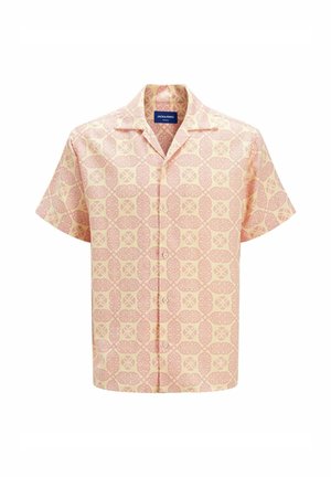 Camicia a maniche corte con bottoni di colore rosa pastello, decorata con motivi floreali e geometrici. Realizzata in tessuto leggero, presenta un colletto da campeggio.