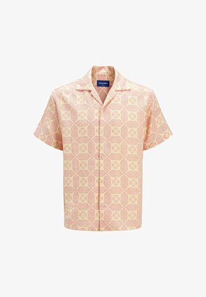 Kortermet skjorte med knapper i pastellrosa med blomster- og geometriske mønstre. Laget av lett stoff, med en camp-krage-design.