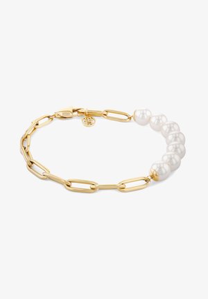 Gold-tone metal chain bracelet featuring five white pearls and a small charm attachment. Alternating shapes with a smooth finish.