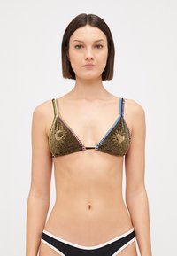 Brown triangle bikini top with colorful zigzag stitching, featuring embroidered sun and crescent moon designs, textured surface, and black straps.