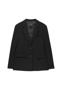 Blazer noir en tissu lisse, doté d'un col cranté, de deux poches avant, d'une fermeture par un seul bouton et d'une silhouette élégante et cintrée.