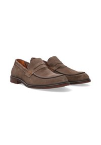 Braune Wildleder-Loafer mit gestepptem Akzent, im Mokassin-Stil, mit einer abgerundeten Zehenpartie und einem niedrigen braunen Holzabsatz.