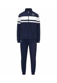 Tuta da uomo navy con giacca zippata e strisce bianche sulle spalle, abbinato a pantaloni. Realizzato in tessuto morbido ed elastico.