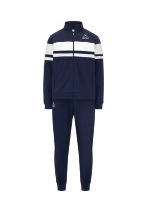 Tuta da uomo navy con giacca zippata e strisce bianche sulle spalle, abbinato a pantaloni. Realizzato in tessuto morbido ed elastico.