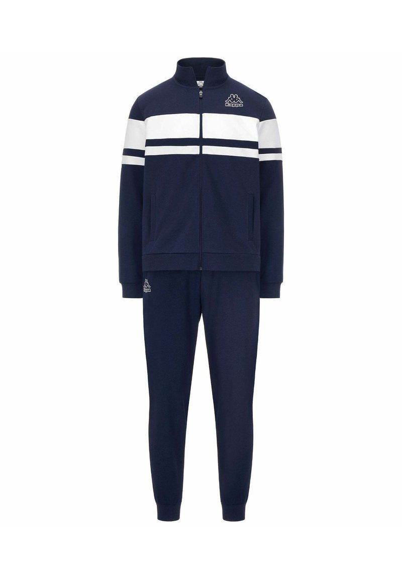 Tuta da uomo navy con giacca zippata e strisce bianche sulle spalle, abbinato a pantaloni. Realizzato in tessuto morbido ed elastico.