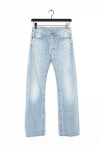 Světle modré džíny z denimu se středním střihem nohavic, s předními kapsami, zapínáním na knoflík a mírným zesvětlením, což dodává opotřebovaný vzhled.