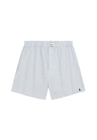 Boxers blancs avec un motif de grille bleue, fabriqués en coton. Dotés d'une taille élastique et d'un bouton unique à l'avant. Logo sur l'ourlet.