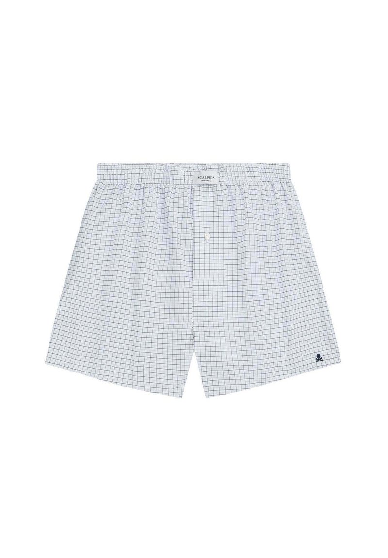 Boxers blancs avec un motif de grille bleue, fabriqués en coton. Dotés d'une taille élastique et d'un bouton unique à l'avant. Logo sur l'ourlet.