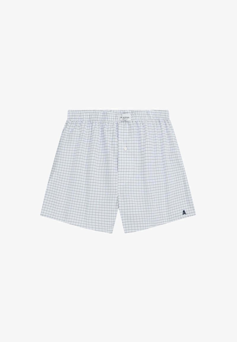 Boxers blancos con un patrón de cuadrícula azul, hechos de algodón. Cuentan con una cinturilla elástica y un solo botón en la parte frontal. Logo en el dobladillo.