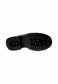 Suola di stivale in gomma nera con profonde scanalature per una maggiore aderenza, una superficie liscia e un marchio discreto vicino all'area delle dita.
