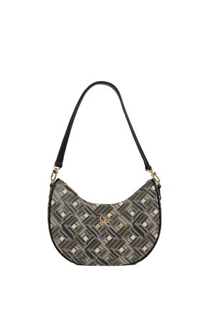 Borsa hobo realizzata in tessuto intrecciato nelle tonalità di grigio e nero. Presenta una tracolla in pelle nera e dettagli in metallo dorato.