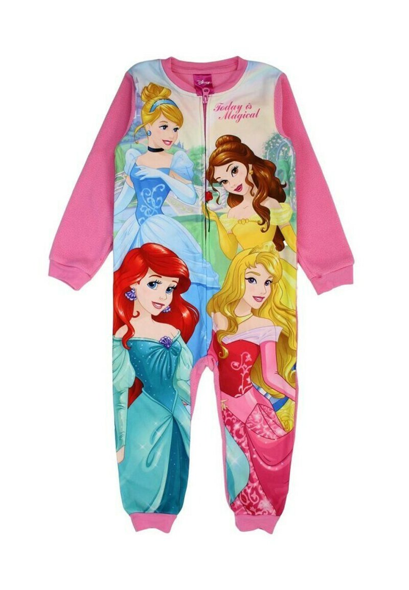 Jumpsuit in pile rosa per bambini con zipper, caratterizzato dalle principesse Disney Cenerentola, Belle, Ariel e Aurora e il testo "Oggi è magico".