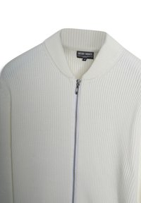 Maglione zip-up a coste bianche con colletto alto e zip argentata. L'etichetta mostra "ANTONY MORATO" con tag di misura M.