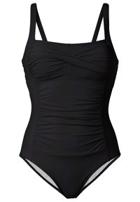 Maillot de bain une pièce noir avec des bretelles ajustables, un haut froncé, une texture lisse et une silhouette ajustée avec une coupe classique.