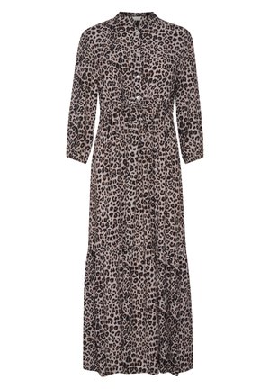 Maxi-jurk met luipaardprint, voorzien van een kraaghals, knoopsluiting aan de voorkant, driekwart mouwen en een gelaagde zoom. Zacht materiaal met een ontspannen pasvorm.