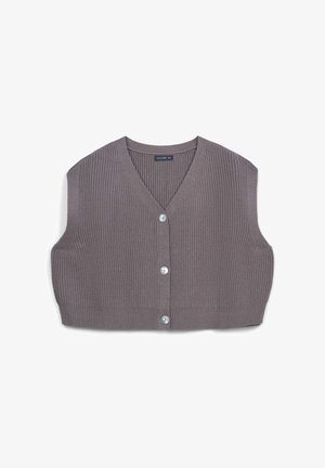 Gray ribbed knit vest with a V-neckline, featuring five buttons down the front, cropped design, and soft texture.