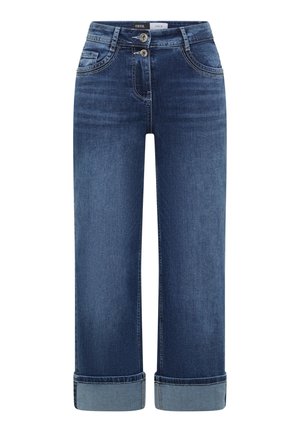 Blauwe denim wijde broekspijpen jeans met dubbele knoopsluiting en opgerolde zomen.
