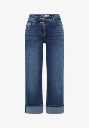 Jeans in denim blu a gamba larga con doppia chiusura a bottone e orli risvoltati.