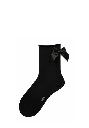 Schwarze Kniestrümpfe mit einer Satinschleife nahe dem oberen Rand und kleinem weißen Markenaufdruck am Fuß.