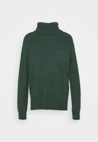 Zielony, oversize sweter z golfem o prążkowanej fakturze, z długimi rękawami i luźnym krojem. Posiada wysoki kołnierz i miękką tkaninę.