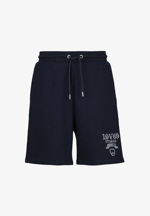 Un short en coton bleu marine avec une taille élastique dotée d'un cordon de serrage, des accessoires en argent, et un logo gris clair sur le devant.