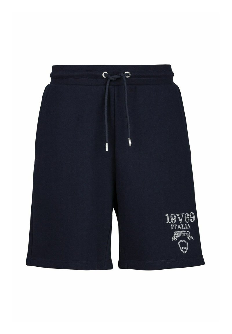 Marineblauwe katoenen shorts hebben een elastische tailleband met een trekkoord, zilveren hardware en een logo in lichtgrijs op de voorkant.