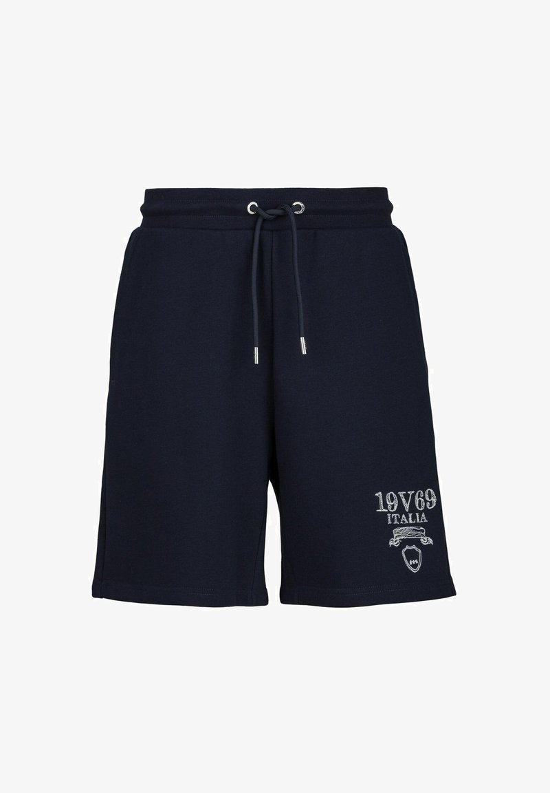 Marineblauwe katoenen shorts hebben een elastische tailleband met een trekkoord, zilveren hardware en een logo in lichtgrijs op de voorkant.