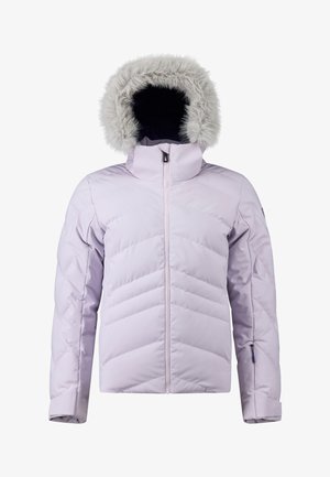 Giacca isolante di colore viola chiaro con cappuccio in pelliccia sintetica, apertura frontale con zip e cuciture a zigzag. Caratteristiche includono polsini regolabili e una tasca laterale.