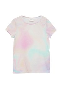 Korte mouw t-shirt gemaakt van zachte stof, met een pastelzwirlpatroon in roze, blauw en paarse tinten en een ronde halslijn.
