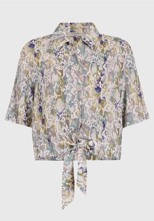 Korte mouwen cropped blouse met knopen, meerkleurige abstracte slangprint en strikdetail aan de voorkant.