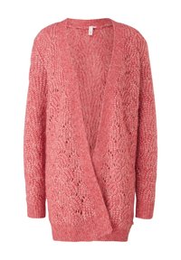 Cardigan tricoté rose pâle doux avec manches longues, devant ouvert et motifs texturés complexes sur tout le tissu.