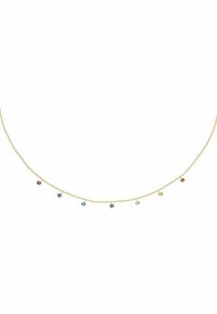 Halskette aus Gold mit sieben mehrfarbigen Edelstein-Akzenten. Sie hat ein zartes Drehdesign und kleine, facettierte, glänzende Steine in verschiedenen Farben.