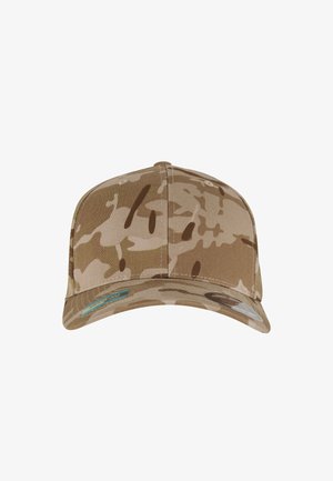 Cappello mimetico beige con un design strutturato, visiera curva e tessuto testurizzato. Presenta modelli sottili in marrone scuro e beige chiaro.