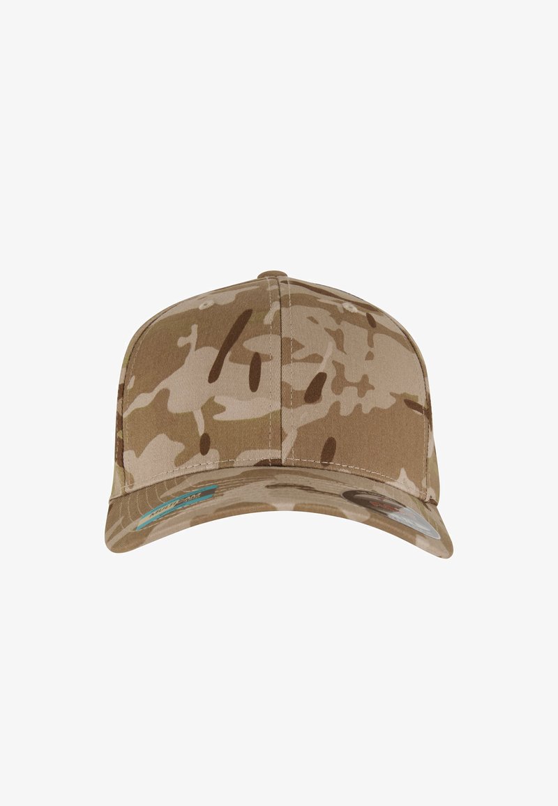 Casquette camouflage beige avec un design structuré, visière courbée et tissu texturé. Présente des motifs subtils brun foncé et beige clair.
