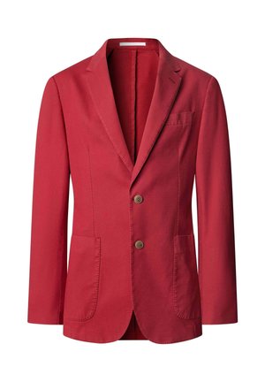 Blazer rojo para hombre de un solo botón, con dos botones, solapas con muesca y tres bolsillos delanteros, presentado sobre un fondo blanco.