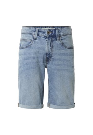 Light blue denim shorts with rolled hems, front button and zipper closure, belt loops, and front pockets.