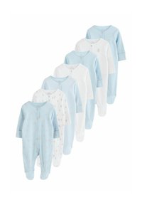 Syv langærmede babyheldragter i blå og hvid med bamsemønstre, striber og prikker, arrangeret i en faldende række.