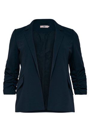 Blazer bleu marine foncé avec manches froncées trois-quarts et devant ouvert, doté de revers et de poches latérales.