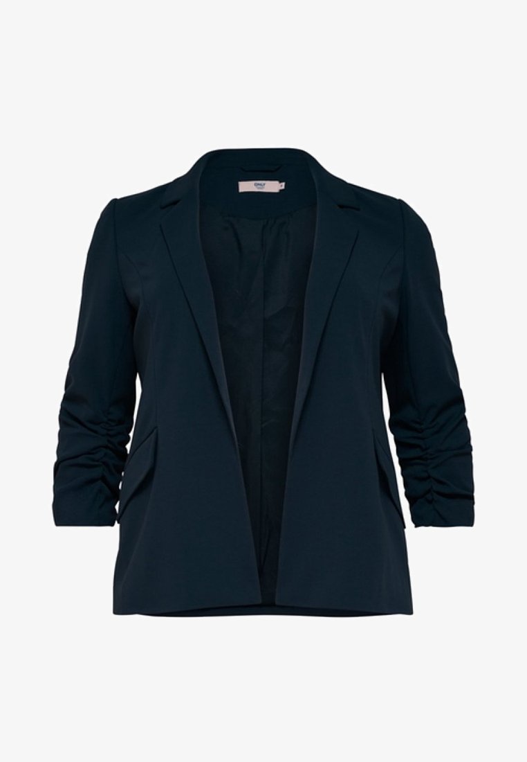 Blazer bleu marine foncé avec manches froncées trois-quarts et devant ouvert, doté de revers et de poches latérales.