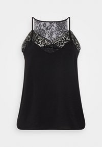 Camisole noire avec des accents en dentelle autour de l'encolure et des bretelles ; tissu doux avec une coupe légèrement ample ; design en V.