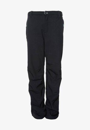 Black straight-leg pants with belt loops, a front button and zipper closure, and zipped side pockets.