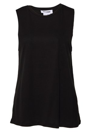 Czarny top bez rękawów wykonany z miękkiego materiału. Posiada okrągły dekolt oraz luźny krój z bocznymi rozcięciami dla lepszej wentylacji. Prosty design.