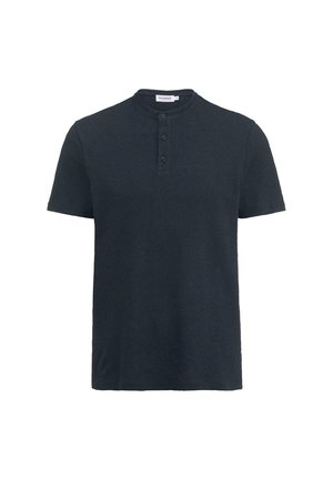 Dunkelblaues Kurzarmhemd mit rundem Ausschnitt, ausgestattet mit einer Drei-Knopf-Leiste und einem weichen, strukturierten Stoff.