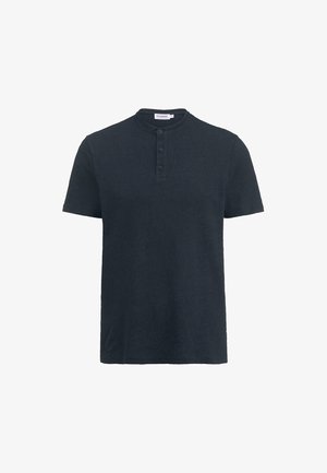 Dunkelblaues Kurzarmhemd mit rundem Ausschnitt, ausgestattet mit einer Drei-Knopf-Leiste und einem weichen, strukturierten Stoff.