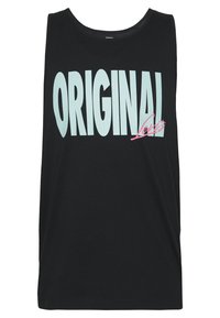 Czarny top bez rękawów wykonany z bawełny, z dużym jasnoniebieskim napisem "ORIGINAL" oraz różowym logo "Levi's", o luźnym kroju i okrągłym dekolcie.
