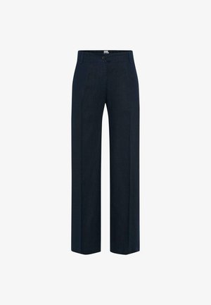 Pantalons larges bleu marine en tissu léger. Dotés d'une fermeture à boutons à l'avant et de deux poches latérales. Texture lisse et coupe droite.