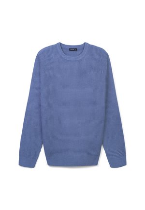 Maglione in maglia di colore azzurro chiaro. Presenta un collo rotondo e maniche lunghe. Polsini e orlo a coste con tessuto testurizzato. Nessun hardware o motivo visibile.