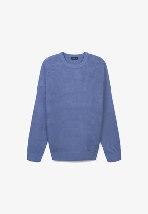 Maglione in maglia di colore azzurro chiaro. Presenta un collo rotondo e maniche lunghe. Polsini e orlo a coste con tessuto testurizzato. Nessun hardware o motivo visibile.